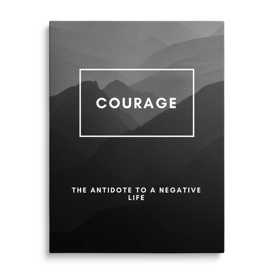 Bílý nápis Courage v tenkém obdélníkovém rámu před šedými horskými siluetami, dole text The Antidote to a Negative Life.