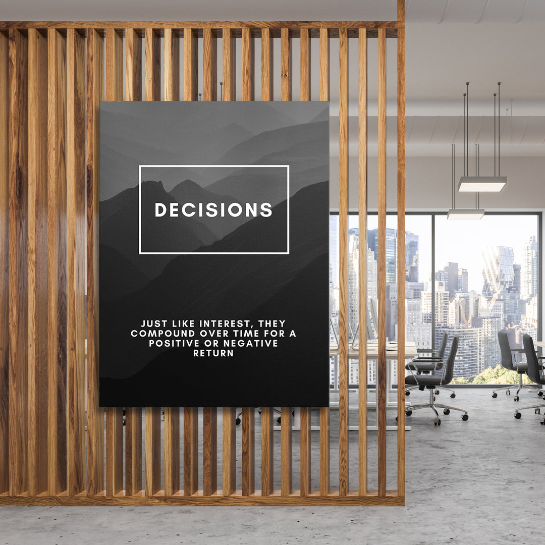 Motivační obraz Decisions - Horské vrstvy na dřevěné stěně.