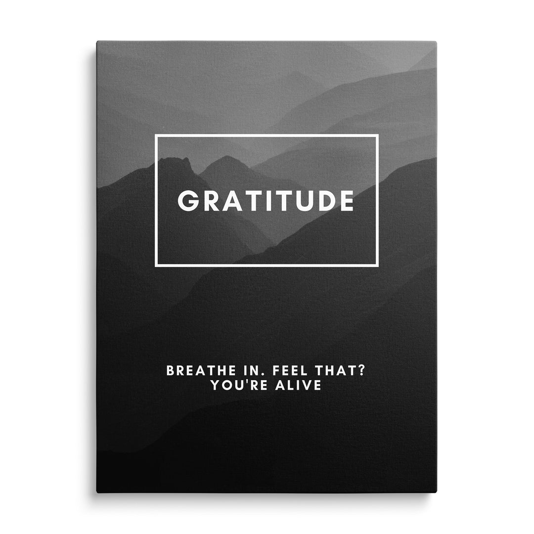 Bílý nápis Gratitude v obdélníkovém rámu nad šedými horskými siluetami, dole text Breathe In Feel That You're Alive.