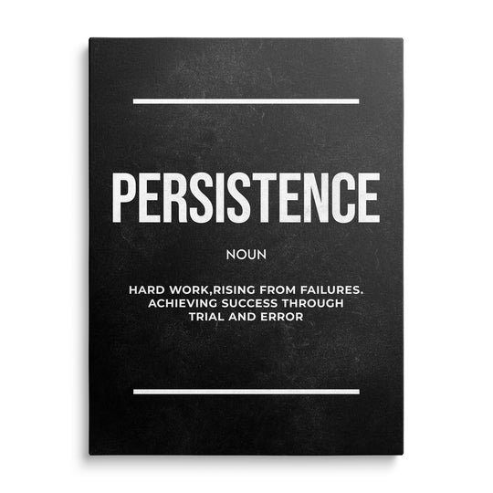 Bílý nápis Persistence, označení Noun a definice práce a vytrvalosti mezi dvěma linkami na černém texturovaném podkladu.