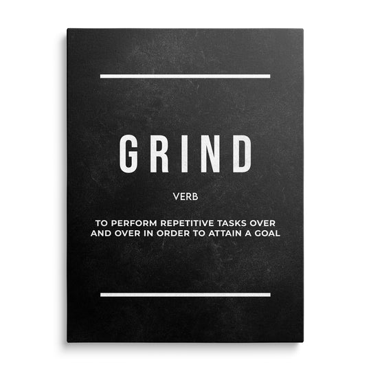 Velký bílý nápis Grind, označení Verb a anglická definice opakované práce mezi dvěma linkami na černém tabulovém podkladu.