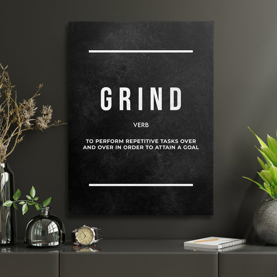 Motivační obraz Grind - Tabulová definice v interiéru s hodinami.