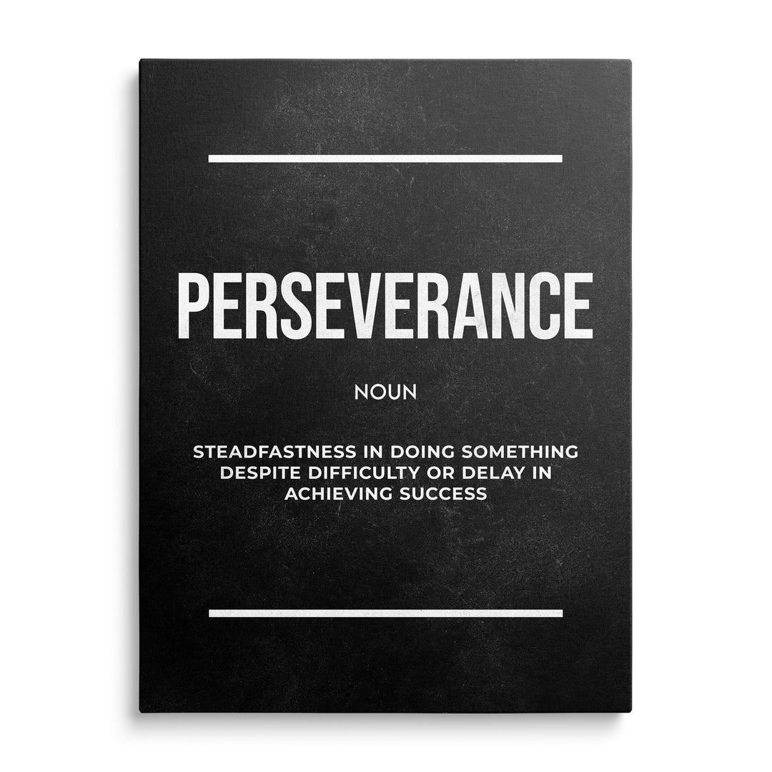 Velký bílý nápis Perseverance, označení Noun a definice mezi dvěma bílými linkami na tmavém tabulovém podkladu.