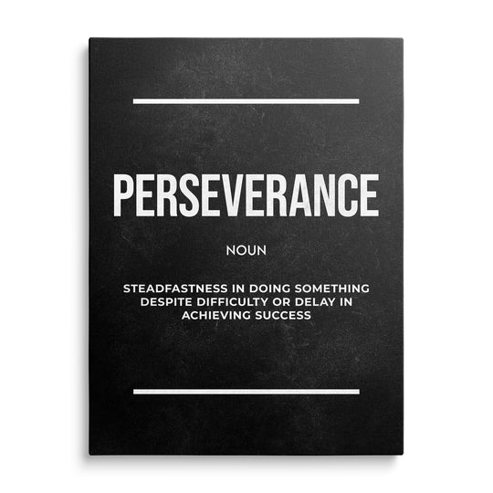 Velký bílý nápis Perseverance, označení Noun a definice mezi dvěma bílými linkami na tmavém tabulovém podkladu.
