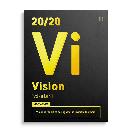 Žlutý prostorový monogram Vi, slovo Vision a orámovaná definice na černém pozadí s čísly 20/20 a 11.