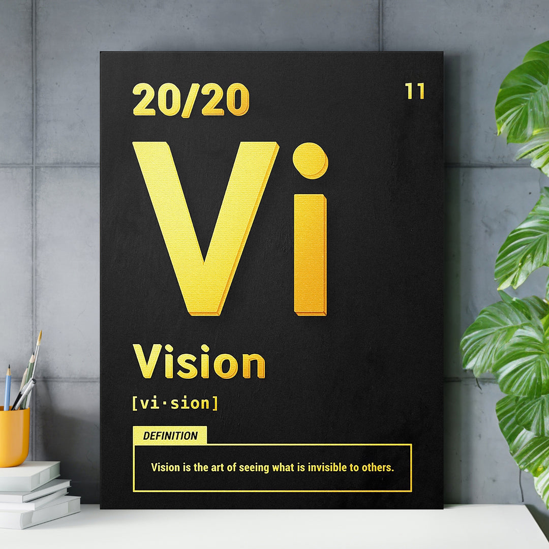 Motivační obraz Vision - Žlutá definice nad pracovním stolem.