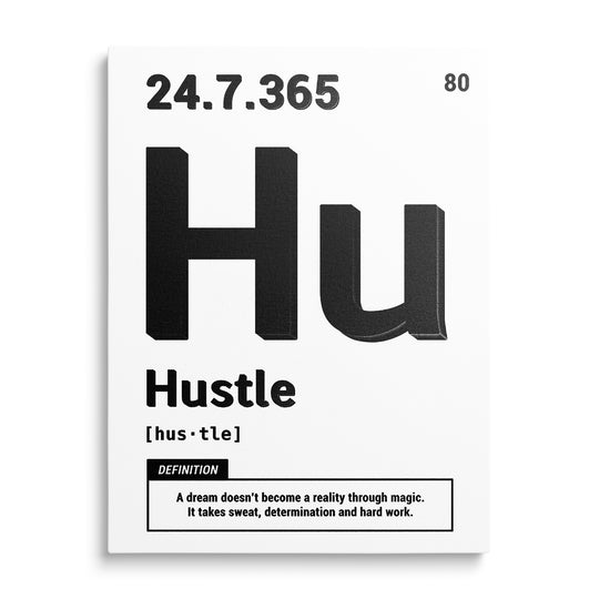 Černý monogram Hu, slovo Hustle a rámeček s definicí na bílém podkladu s čísly 24.7.365 a 80.