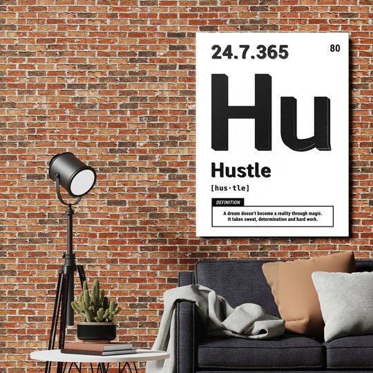 Motivační obraz Hustle - Bílá definice na cihlové zdi.