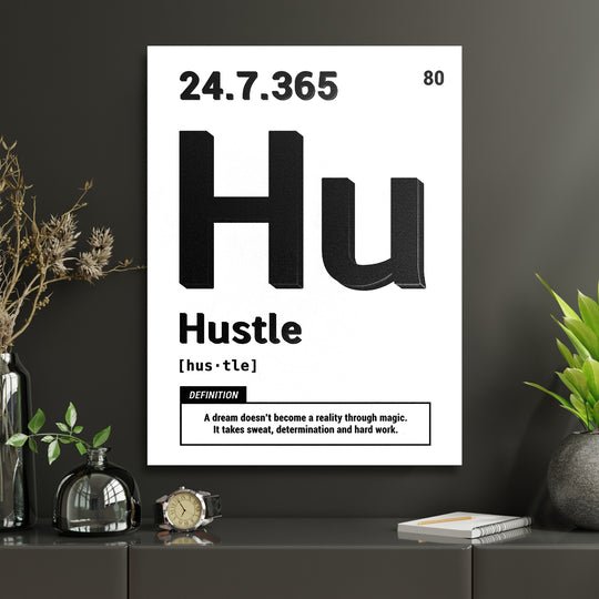 Motivační obraz Hustle - Bílá definice v interiéru s hodinami.