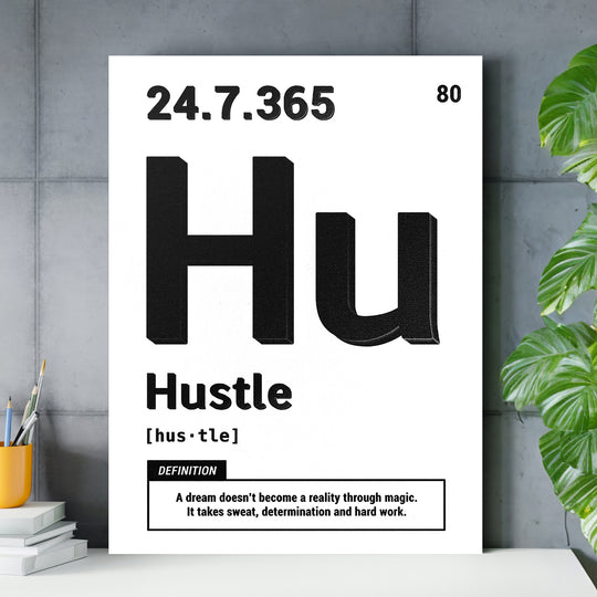 Motivační obraz Hustle - Bílá definice nad pracovním stolem.