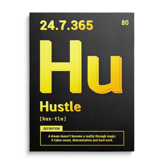 Žlutý prostorový monogram Hu, slovo Hustle a orámovaná definice na černém podkladu s čísly 24.7.365 a 80.