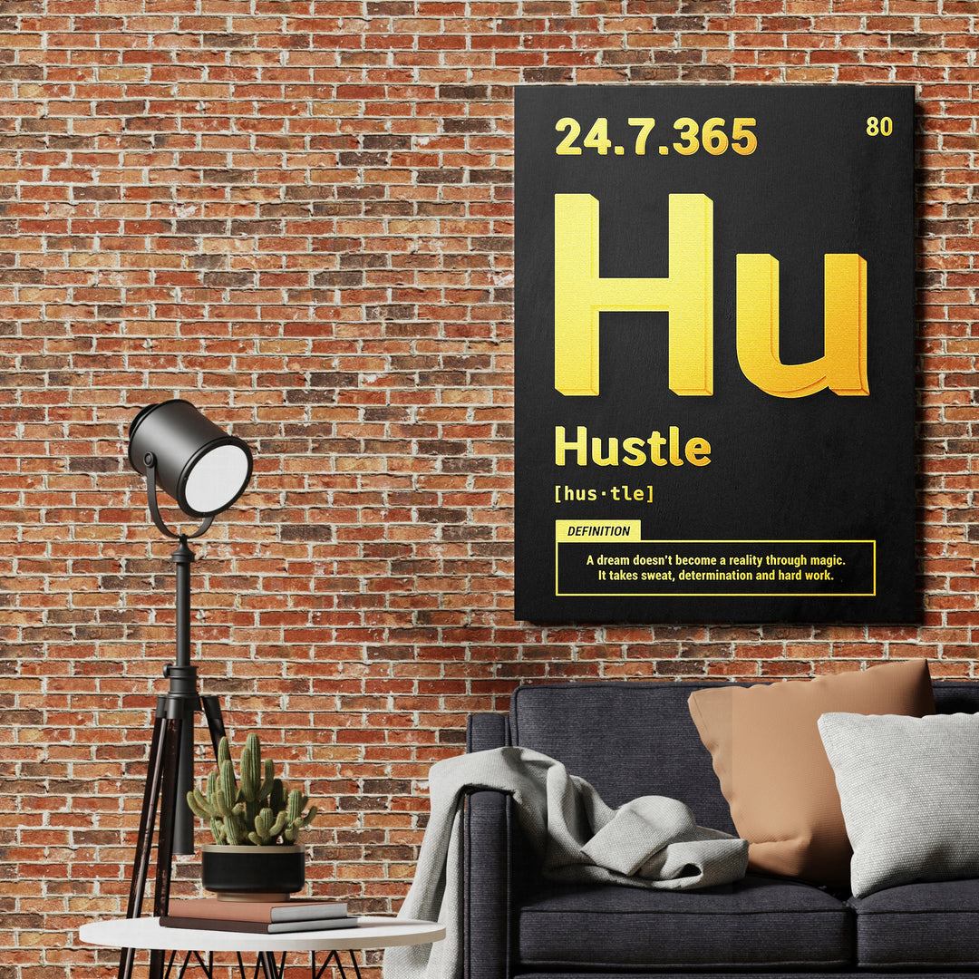 Motivační obraz Hustle - Žlutá definice na cihlové zdi.