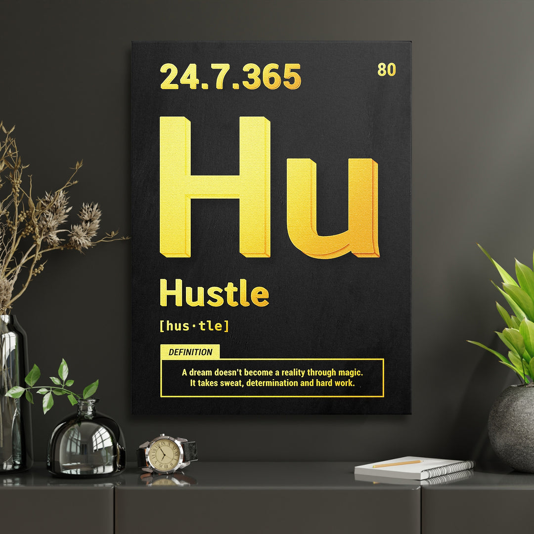 Motivační obraz Hustle - Žlutá definice v interiéru s hodinami.