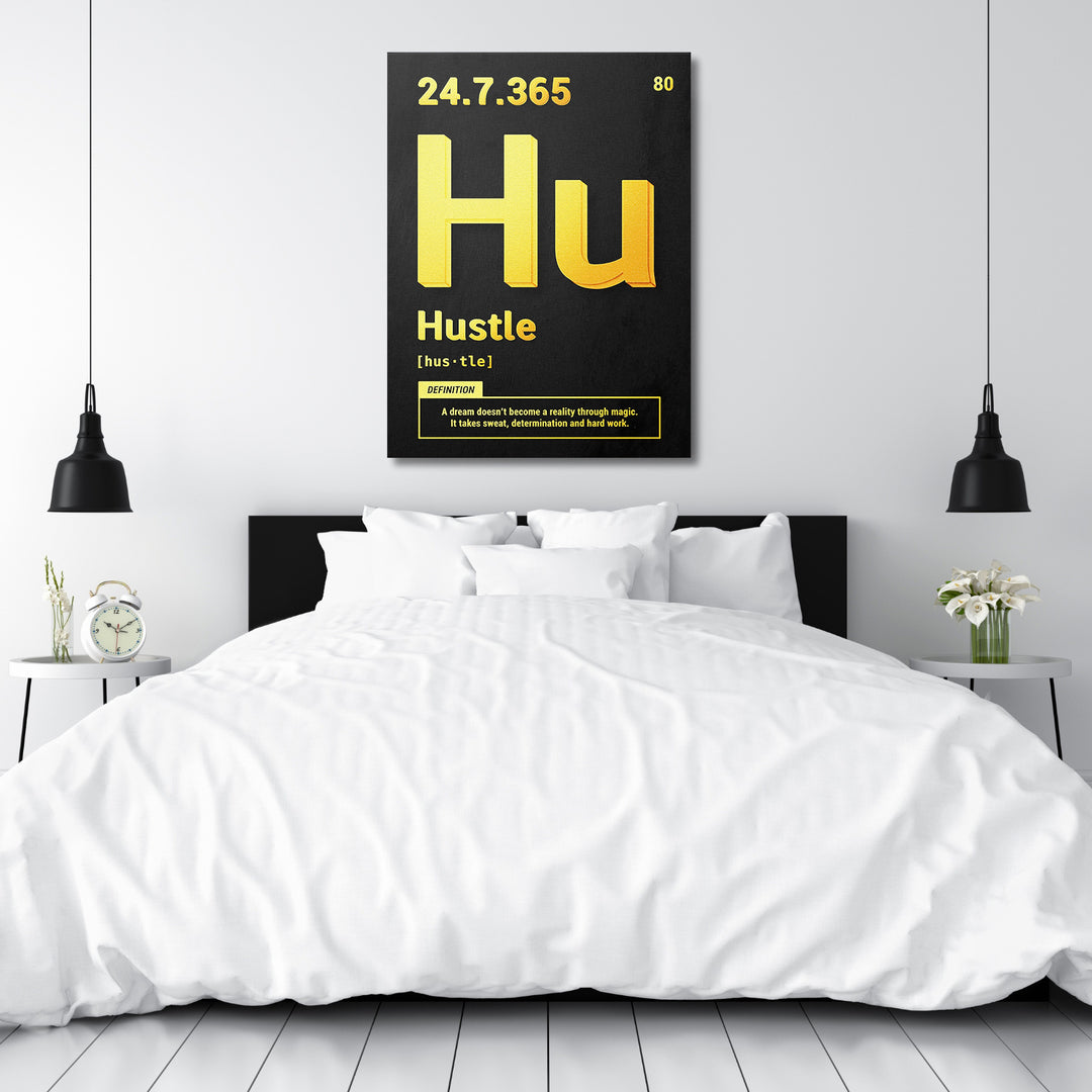 Motivační obraz Hustle - Žlutá definice nad postelí.
