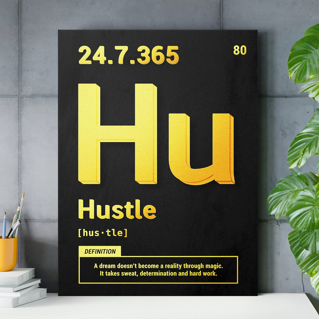 Motivační obraz Hustle - Žlutá definice nad pracovním stolem.