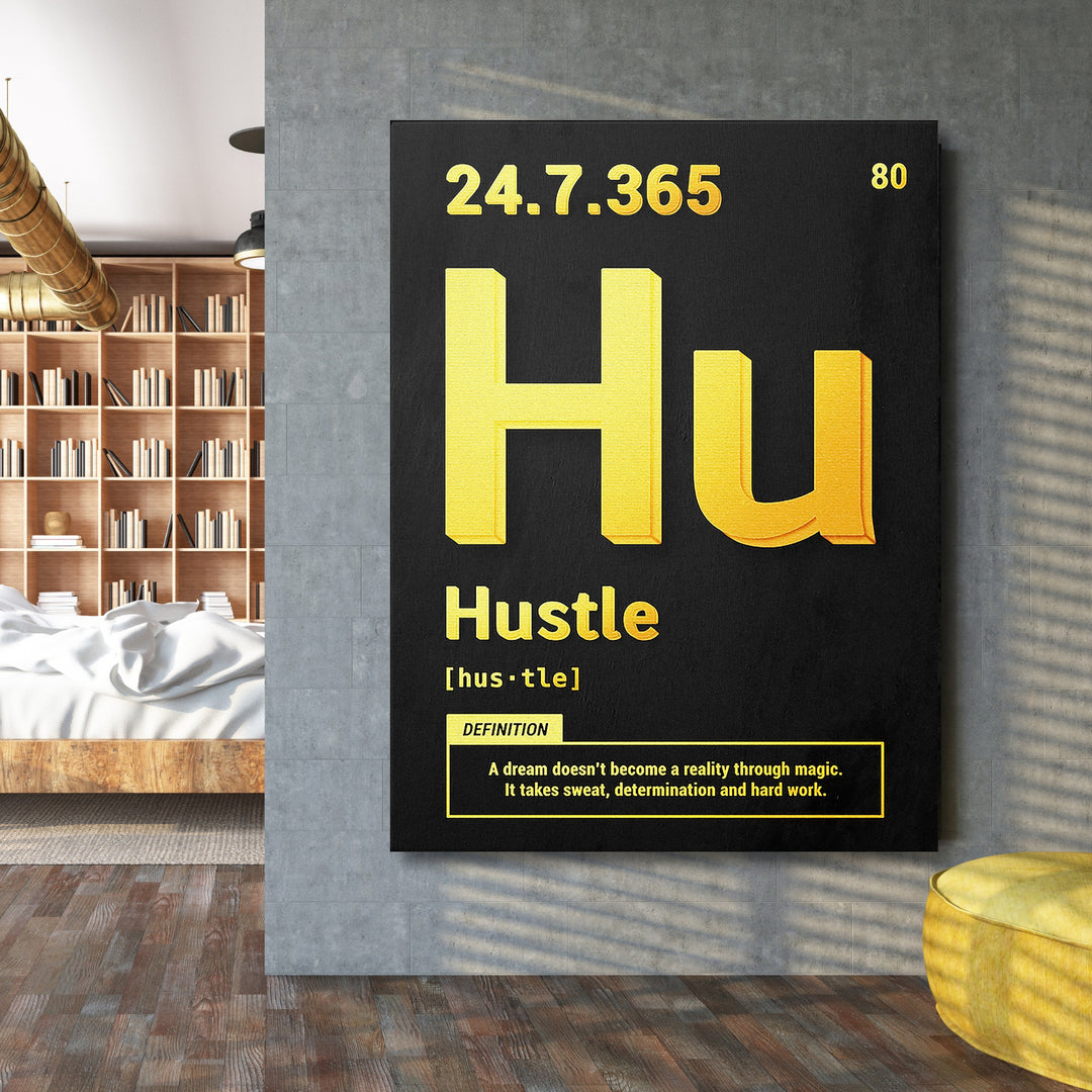 Motivační obraz Hustle - Žlutá definice na velké stěně.