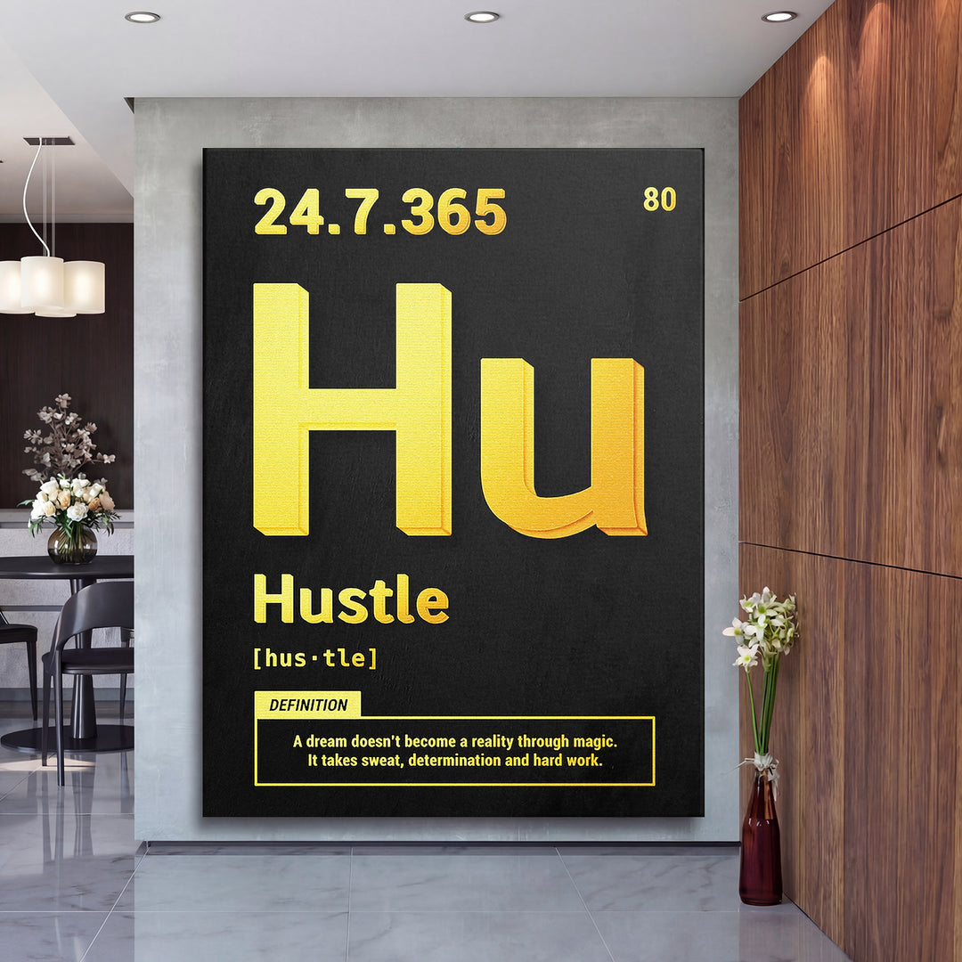 Motivační obraz Hustle - Žlutá definice na velké stěně, druhý pohled.