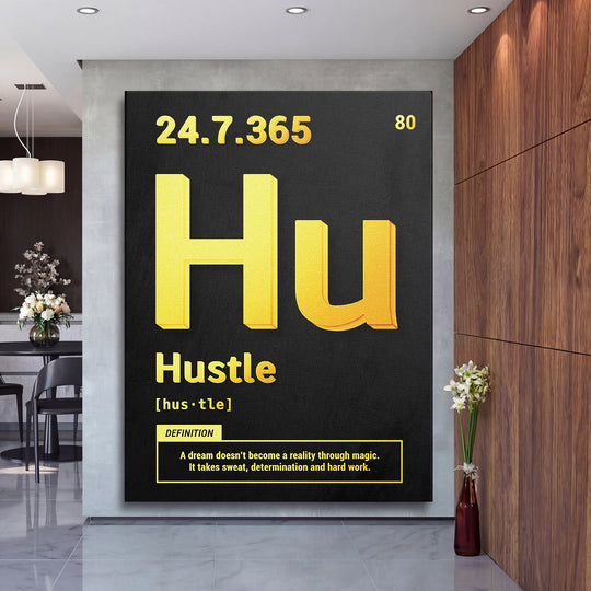 Motivační obraz Hustle - Žlutá definice na velké stěně, druhý pohled.