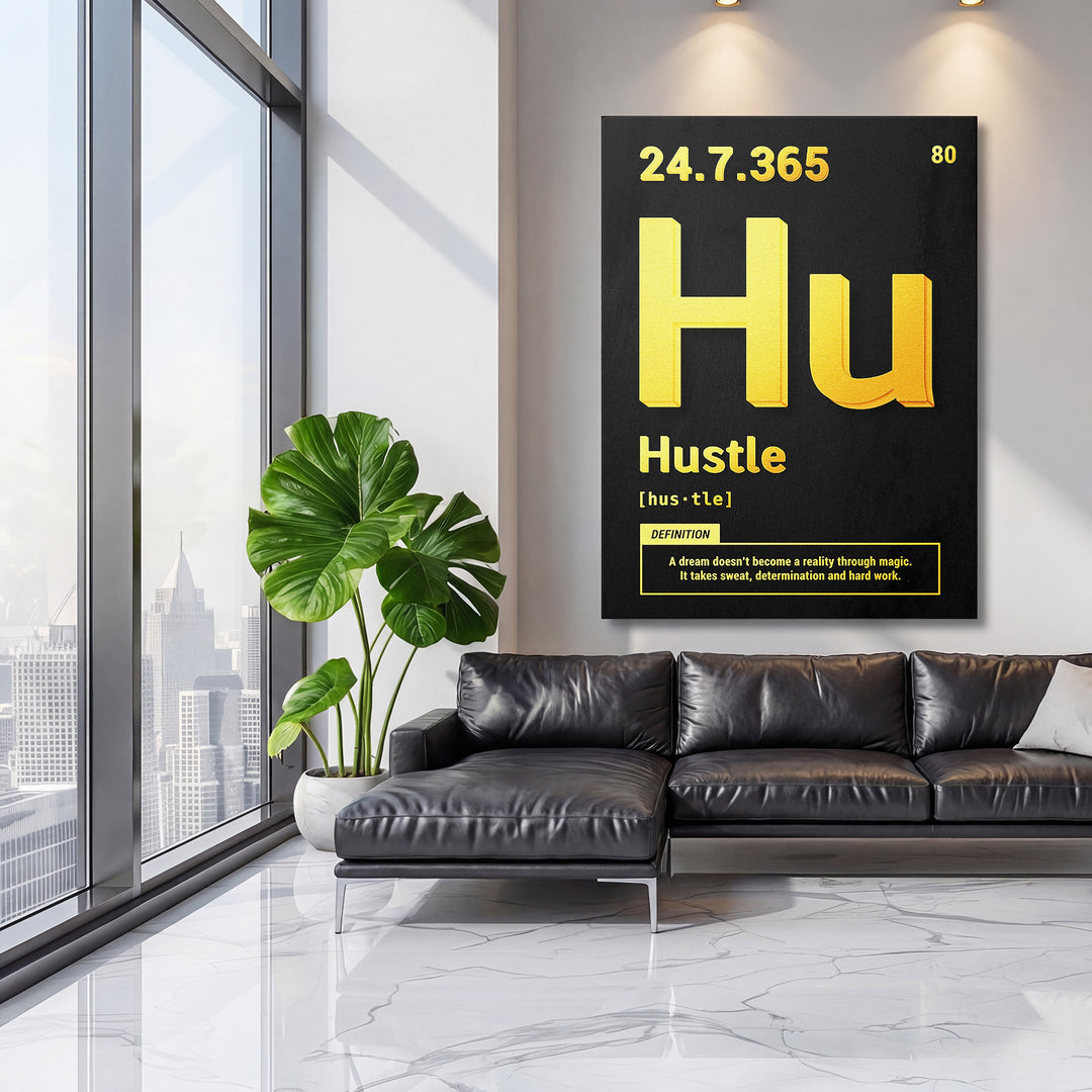 Motivační obraz Hustle - Žlutá definice na velké stěně, třetí pohled.