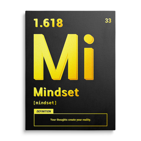 Žlutý prostorový monogram Mi, slovo Mindset a žlutě orámovaná definice na černém podkladu s čísly 1.618 a 33.