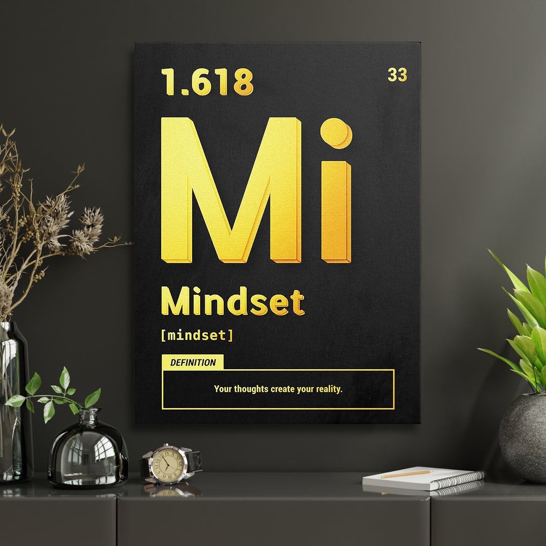 Motivační obraz Mindset - Žlutá definice v interiéru s hodinami.