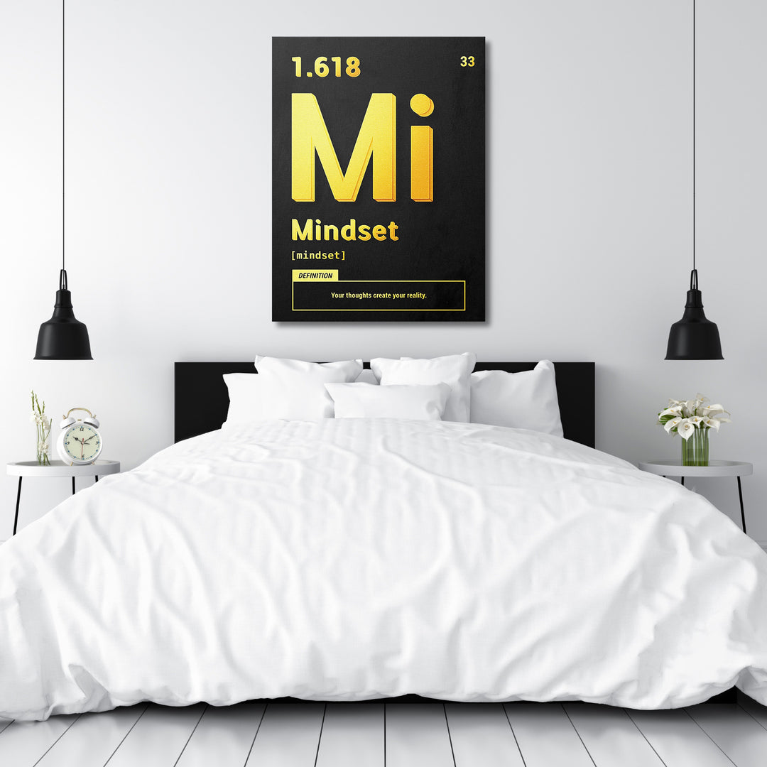 Motivační obraz Mindset - Žlutá definice nad postelí.