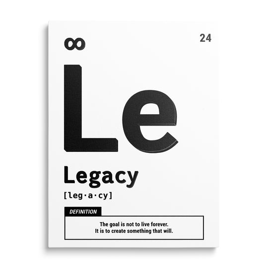 Černý monogram Le, slovo Legacy, symbol nekonečna a rámeček s anglickou definicí na bílém podkladu.