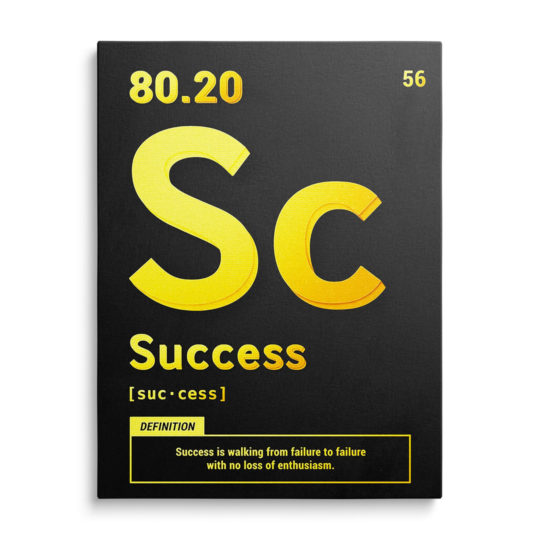 Žlutý prostorový monogram Sc, slovo Success a žlutě orámovaná definice na černém pozadí s čísly 80.20 a 56.