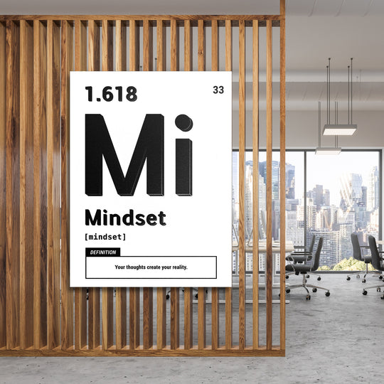 Motivační obraz Mindset - Bílá definice na dřevěné stěně.