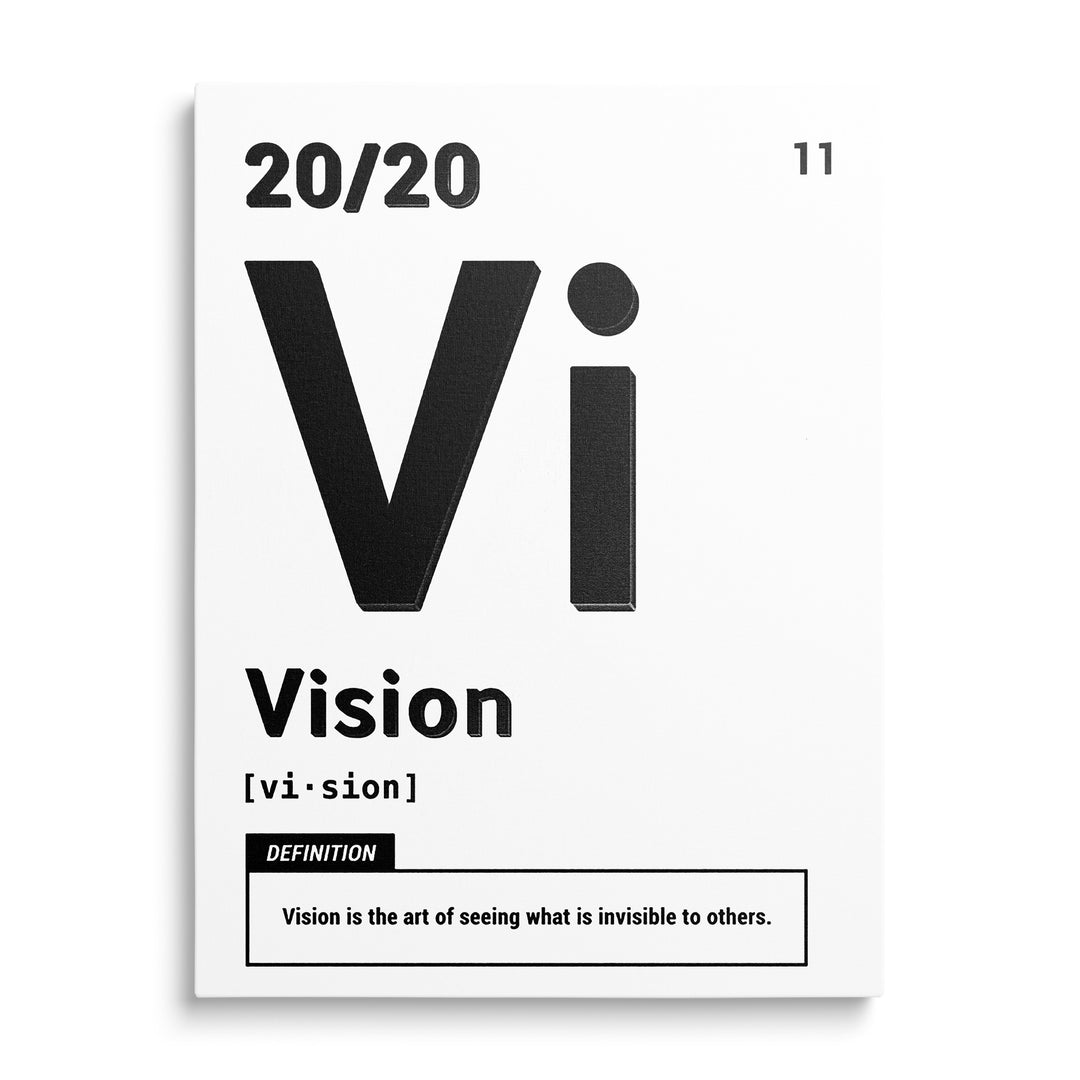 Velký černý monogram Vi, slovo Vision a orámovaná definice na bílém podkladu s čísly 20/20 a 11.