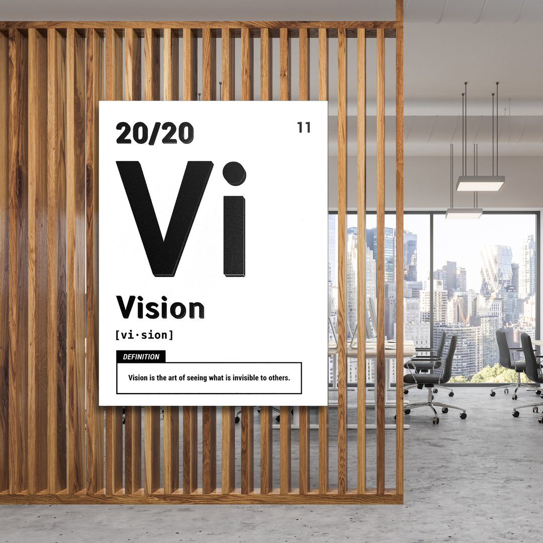 Motivační obraz Vision - Bílá definice na dřevěné stěně.