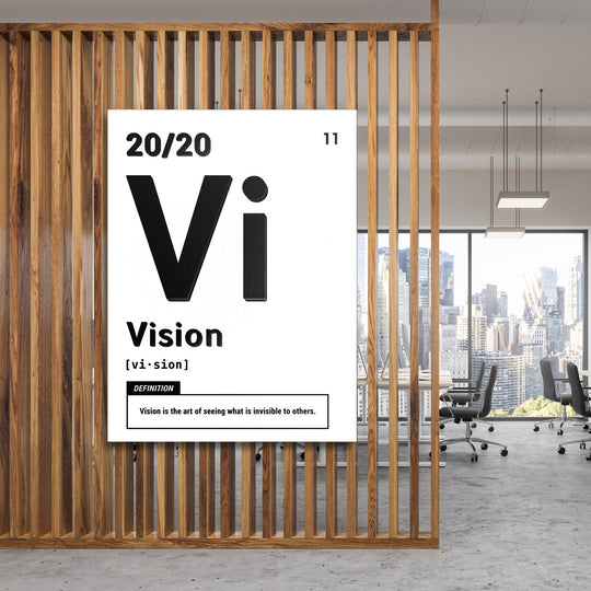 Motivační obraz Vision - Bílá definice na dřevěné stěně.