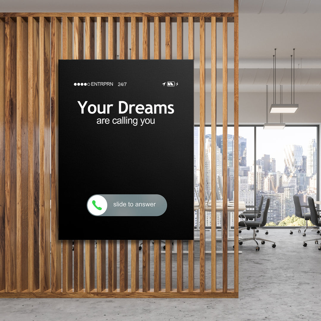 Motivační obraz Your Dreams - Příchozí hovor na dřevěné stěně.
