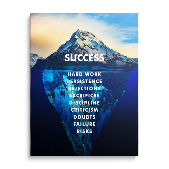 Ledovec se zasněženým vrcholem a modrozelenou ponořenou částí v tmavé vodě, nápis Success a bílé texty pod hladinou.