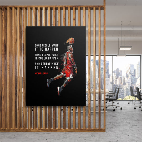 Obraz Michael Jordan - Make It Happen na dřevěné stěně.