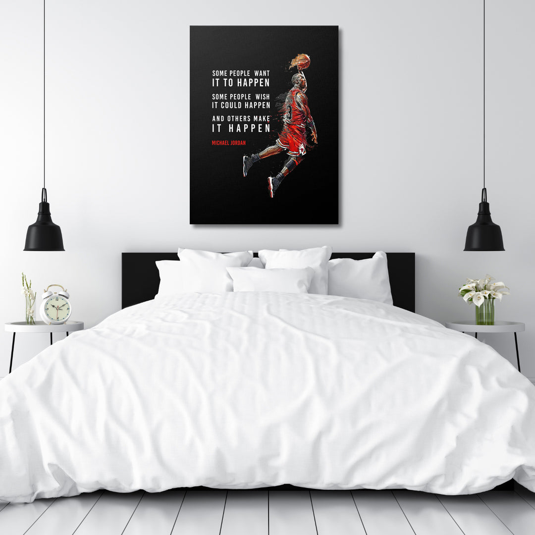 Obraz Michael Jordan - Make It Happen nad postelí.