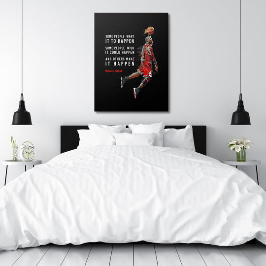 Obraz Michael Jordan - Make It Happen nad postelí.