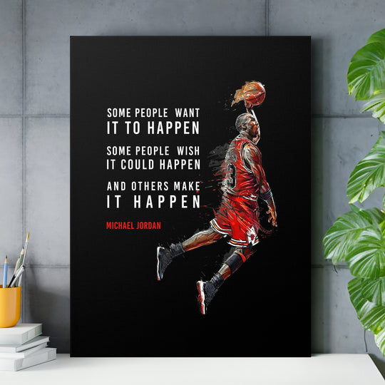 Obraz Michael Jordan - Make It Happen nad pracovním stolem.