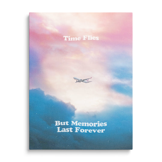 Dopravní letadlo mezi růžovými a modrými oblaky, bílé nápisy Time Flies a But Memories Last Forever na pastelové obloze.