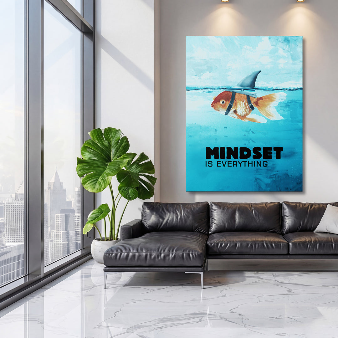 Motivační obraz - Mindset Is Everything na velké stěně, třetí pohled.
