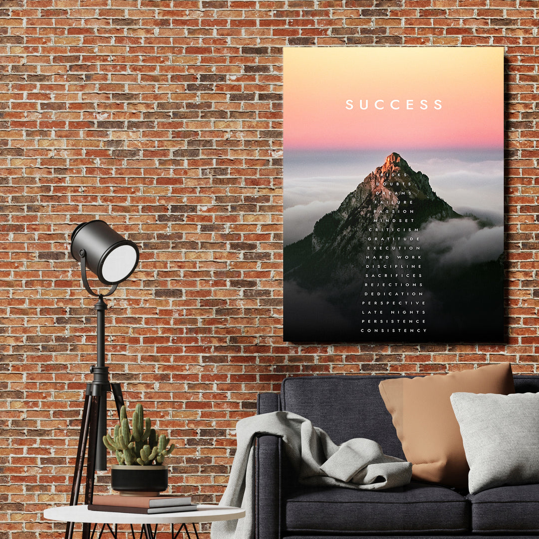 Motivační obraz Success - Nad mraky na cihlové zdi.