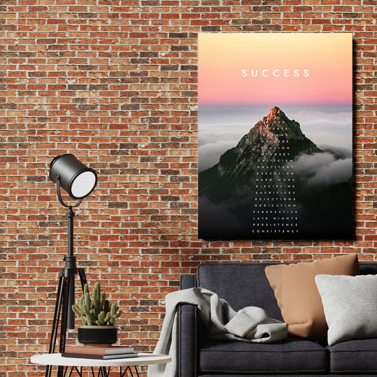 Motivační obraz Success - Nad mraky na cihlové zdi.