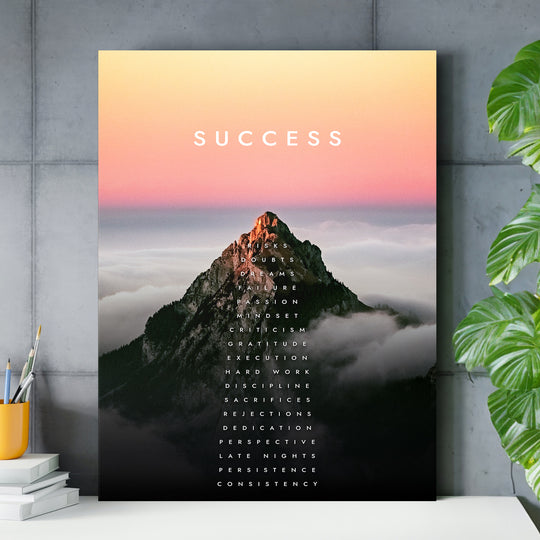 Motivační obraz Success - Nad mraky nad pracovním stolem.