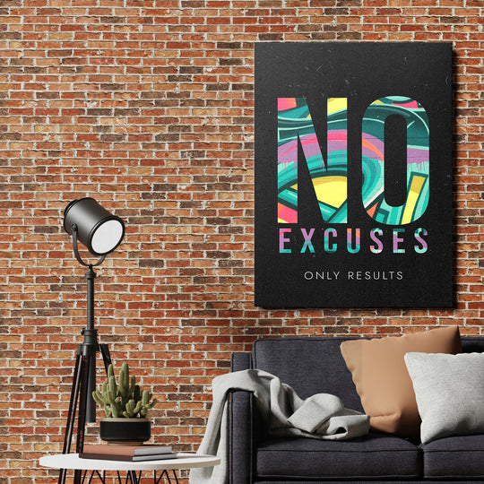 Motivační obraz - No Excuses Only Results na cihlové zdi.