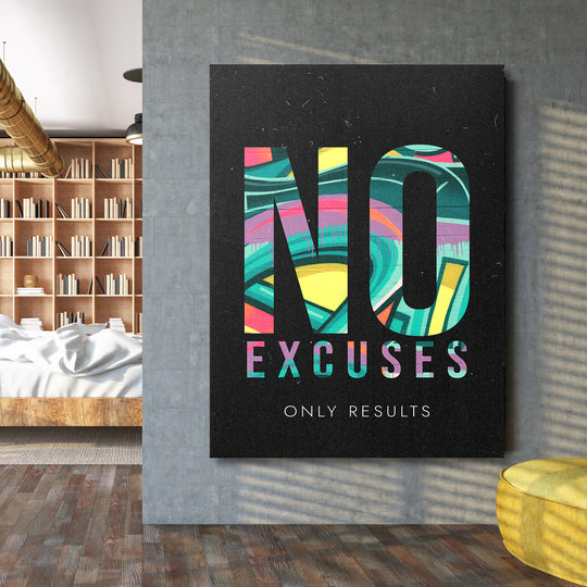 Motivační obraz - No Excuses Only Results na velké stěně.
