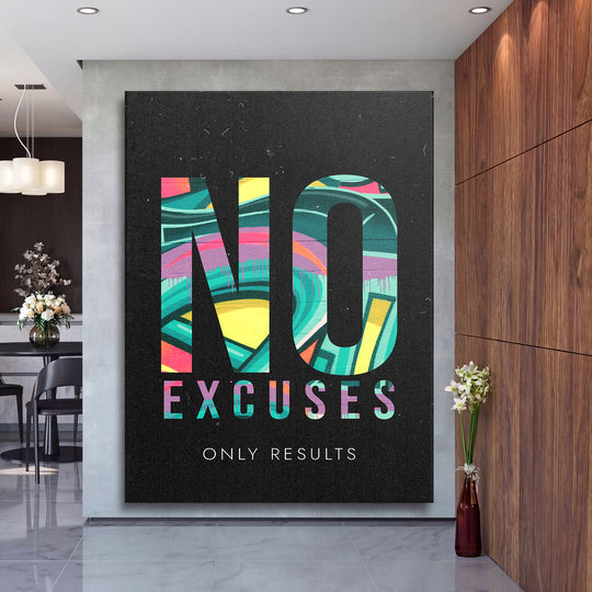 Motivační obraz - No Excuses Only Results na velké stěně, druhý pohled.