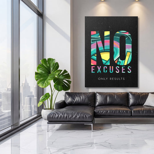 Motivační obraz - No Excuses Only Results na velké stěně, třetí pohled.