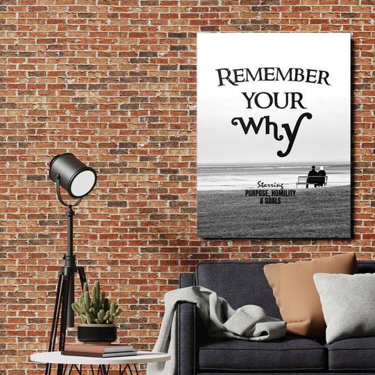 Motivační obraz - Remember Your Why na cihlové zdi.