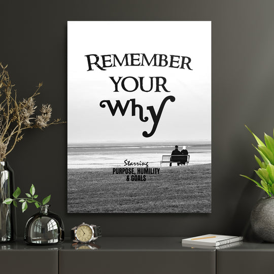 Motivační obraz - Remember Your Why v interiéru s hodinami.