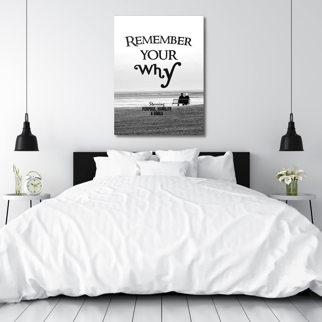 Motivační obraz - Remember Your Why nad postelí.